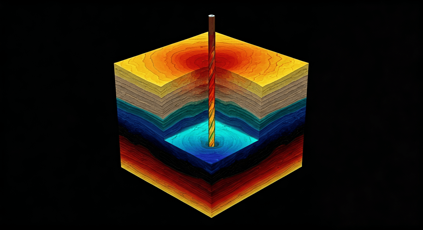 3D scientific render of a vertical well-log piercing a layered seismic voxel cube with rainbow stratigraphy — the canonical inversion → drill-target visualization.