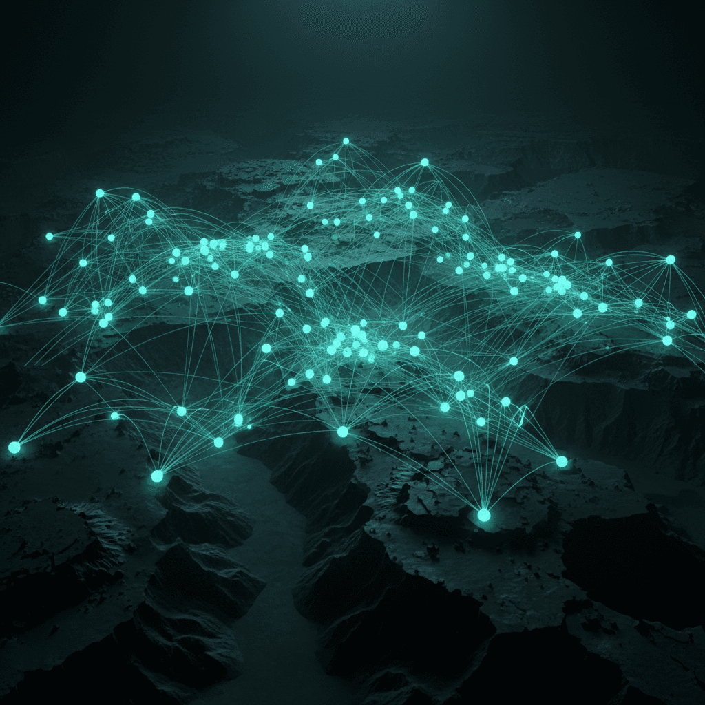 Abstract network of connected nodes over a dark field.