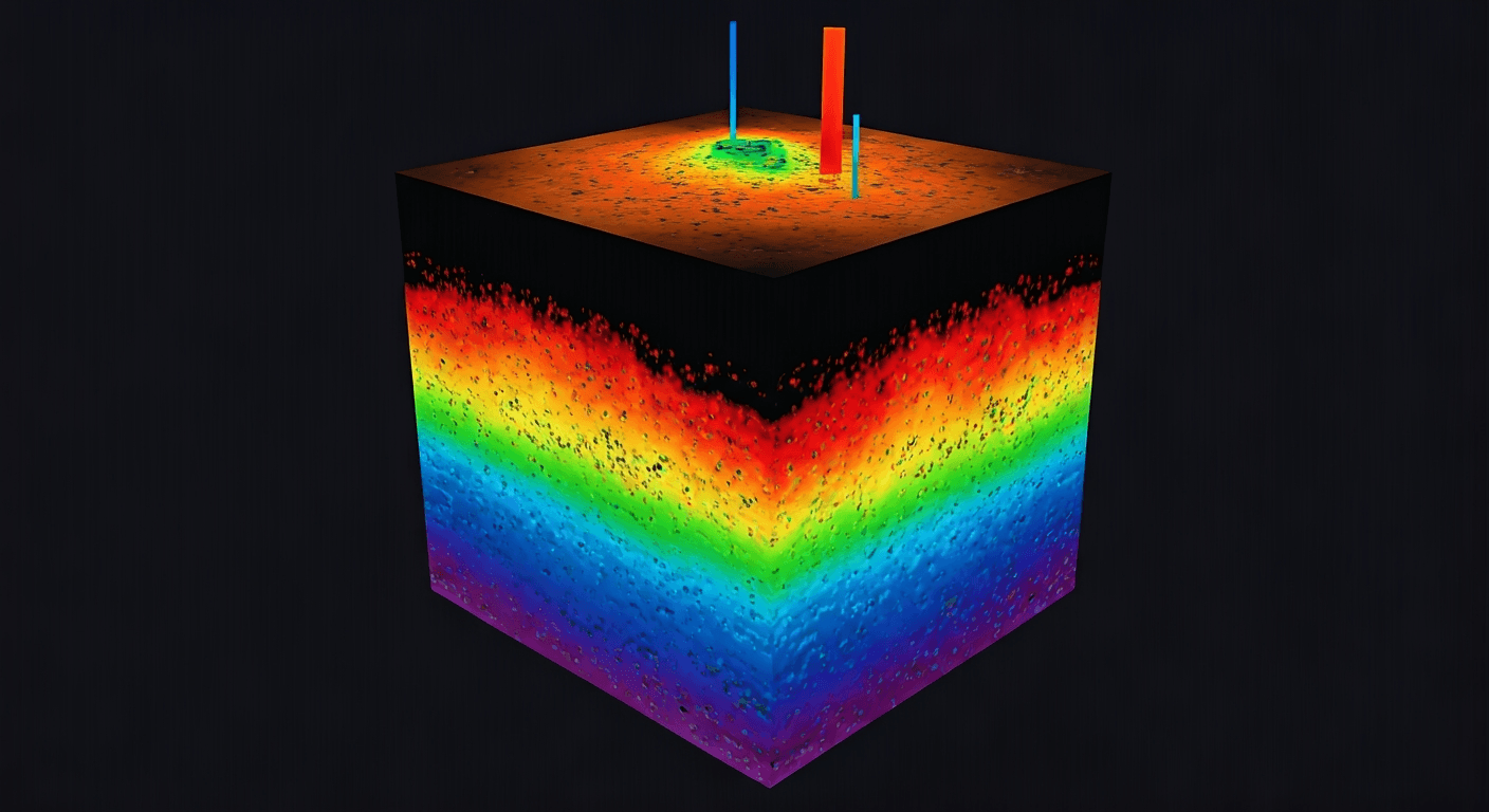 3D seismic data cube with rainbow stratigraphic colormap, well-log markers piercing the top — a stylized geophysical inversion result.